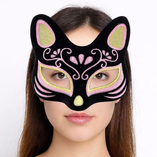 Siyah Renk Süet Kaplama Üzeri Sarı Pembe Simli Kedi Maskesi 17x14 cm