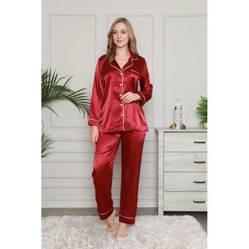 KADIN BORDO DÜĞMELİ SATEN PİJAMA TAKIMI