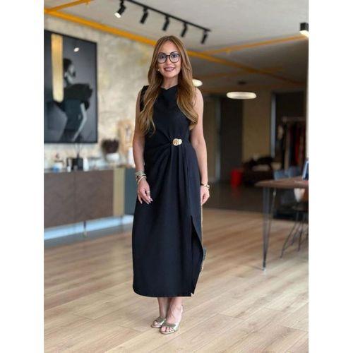 Kadın Sıfır Kollu Bisiklet Yaka Belden Büzgülü Yırtmaç Detaylı Janjan Krep Elbise