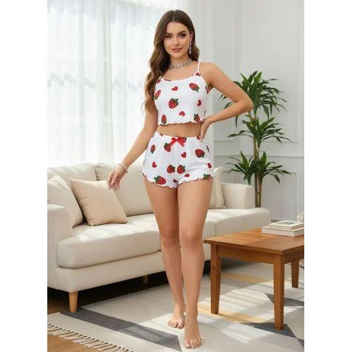 Kadın Beyaz Çilek Desenli Şortlu Pijama Takımı Sevimli Rahat 2’li Set