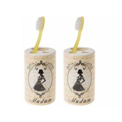 2 Adet Seramik Diş Fırçalık Madam Desenli 7X7X11Cm Banyo Seti