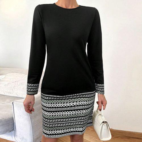 Kadın Uzun Kollu Bisiklet Yaka Kol Ağzı Ve Etek Ucu Baskılı Iki Iplik Elbise