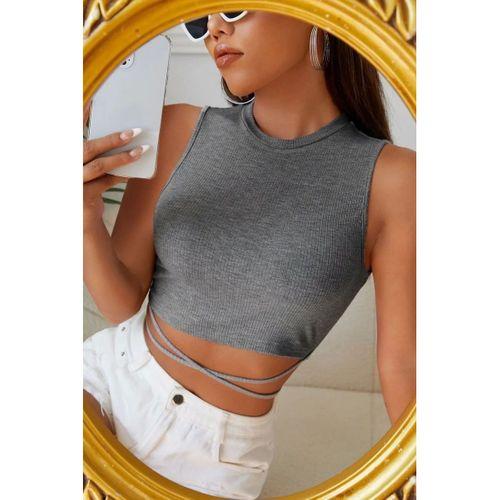 Kadın Gri Modern Fit Çapraz Bağlamalı Crop Top Büstiyer