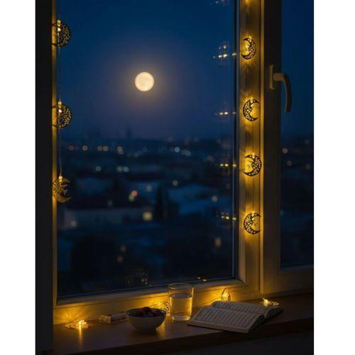 Pilli Minareli Hilal Led Işık Gold Metal Ramazan Dekorasyonu