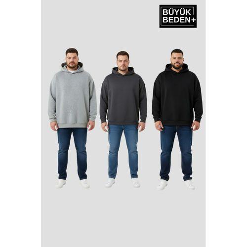 Erkek Büyük Beden 3 lü Set  Kollar Ve Etek Ribanalı ince Kapşonlu Swatshırt SPR26BSW957+3