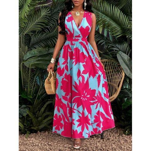 Kadın Askılı Kruvaze Yakalı çiçek Desenli Uzun Süprem Elbise