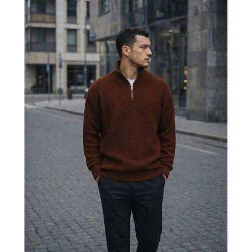 Nolan Oversize Selanik Örgü Yarım Fermuar Erkek Triko Kazak - Kahve