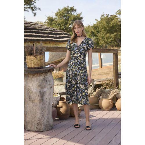 %100 Viskon Desenli Önden Düğmeli Elbise