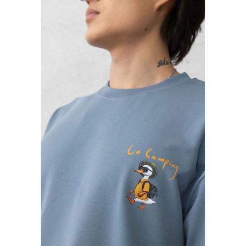 Cep Baskılı İki İplik Kumaş Pamuklu Oversize Erkek T-Shirt - Soğuk Mavi