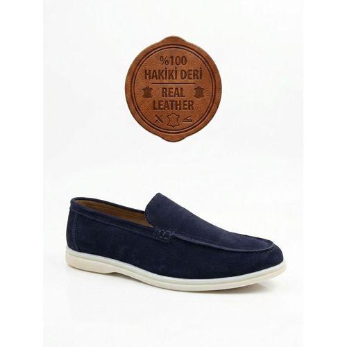 BA0252 %100 İçi Dışı Hakiki Deri Erkek Lacivert Süet Casual Loafer Termo Taban Ayakkabı