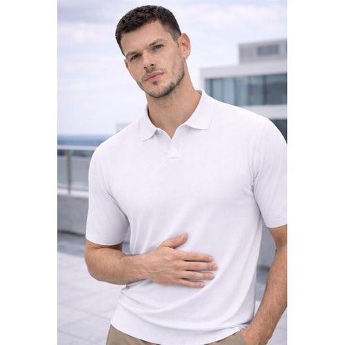 Elatus Çizgili V Yaka İnce Triko Relaxed Fit Polo Yaka Erkek T-Shirt - Ekru