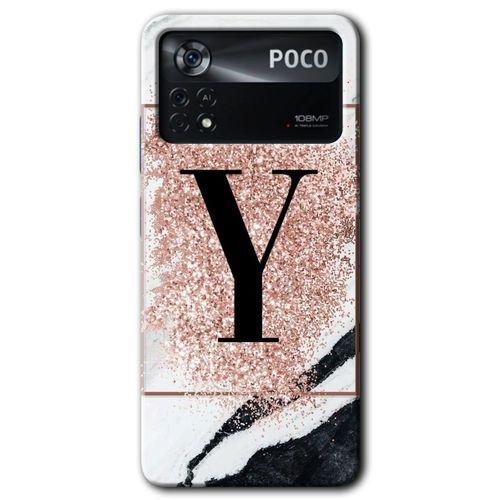 Poco x4 Pro Kılıf HD Desen Baskılı Arka Kapak - Pembe Mermer Desenli Y Harfi + Kırılmaz Cam