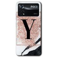 Poco x4 Pro Kılıf HD Desen Baskılı Arka Kapak - Pembe Mermer Desenli Y Harfi + Kırılmaz Cam