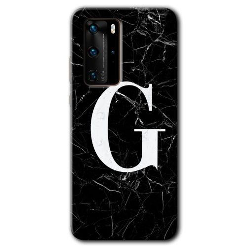 Huawei P40 Pro Kılıf HD Desen Baskılı Arka Kapak - Siyah Mermer Desenli G Harfi + Kırılmaz Cam
