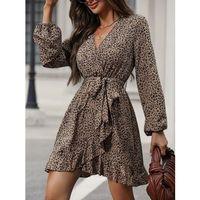Kadın Uzun Kollu Kruvaze Yakalı Kuşaklı Desenli Kısa Modal Mini Elbise