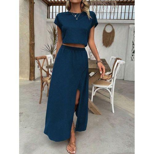 Kadın Kısa Kollu Bisiklet Yaka Viskon Krop Bluz Ve Uzun Etek Ikili Takım