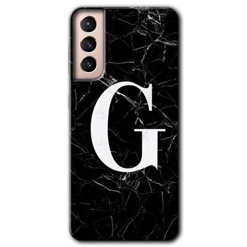 MRCİLETİSİM Samsung Galaxy S21 Kılıf HD Desen Baskılı Arka Kapak + Temperli Cam - Siyah Mermer Desenli G Harfi