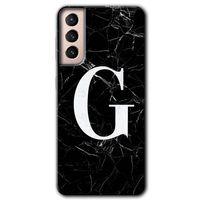 MRCİLETİSİM Samsung Galaxy S21 Kılıf HD Desen Baskılı Arka Kapak + Temperli Cam - Siyah Mermer Desenli G Harfi