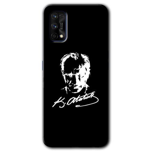 Realme 7 Pro Kılıf Baskılı Kapak - Atatürk Silüet İmza + 5D Tam Kaplayan Cam