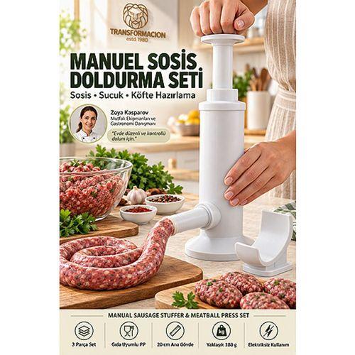 Pratik Manuel Sosis Doldurma Makinesi Ev Tipi Sucuk Yapma Aparatı ve Köfte Şekillendirici Pres Seti 723747