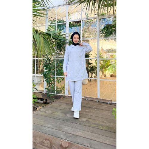 Kapşonlu Çıtçıt Detaylı Kısa Sweat Pantolon İkili Tesettür Eşofman Takımı - 03079.008 - Gri
