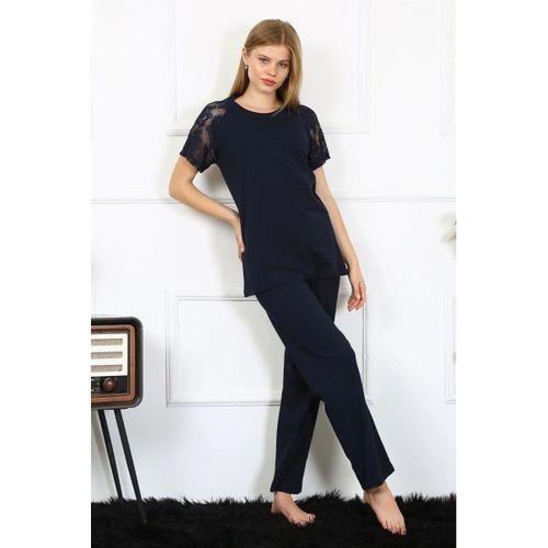 Kadın Kolu Dantelli Penye Pijama Takım Lacivert