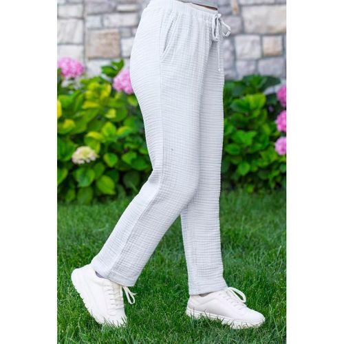 Beli Lastikli Multi Çift Cepli Müslin Kadın/Erkek Unisex Yazlık Pantolon Beyaz Byz