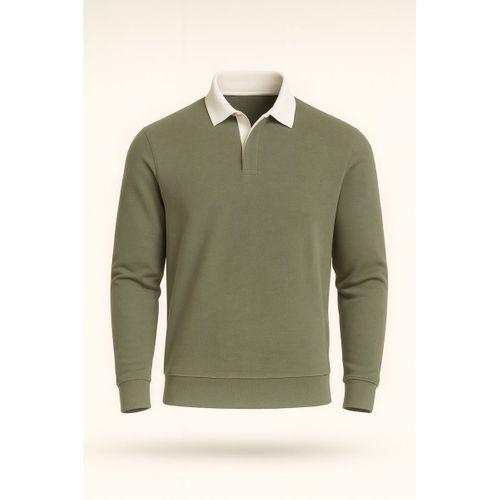 Polo Yaka Selanik Örme Kumaş Erkek Sweatshirt - Açık Haki