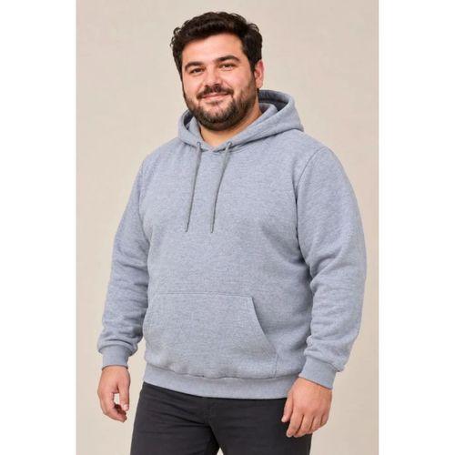 Erkek Battal Büyük Beden Üç İplik İçi Şardonlu Kapüşonlu Kanguru Cepli Kışlık Sweatshirt - Gri