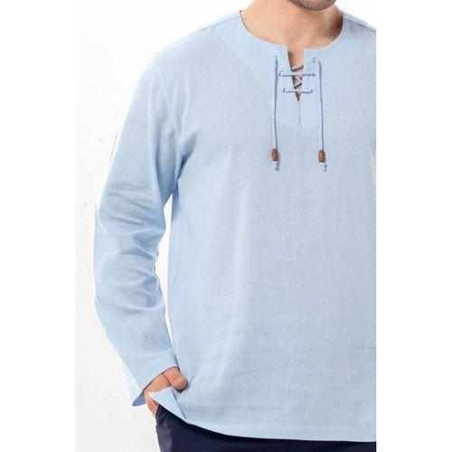 Büyük Beden Şile Bezi Uzun Kol Zımbalı Erkek Yazlık Tshirt Buz Mavi 3027