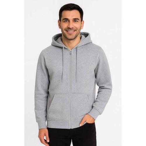 Erkek Üç İplik Kapüşonlu Tam Fermuarlı Kanguru Çepli SweatShirt Hoodie - Gri