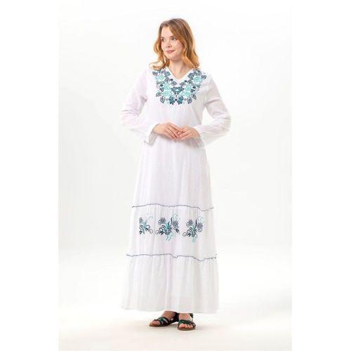 Uzun Kol Venedik Nakışlı Şile Bezi Otantik Uzun Elbise Beyaz Byz