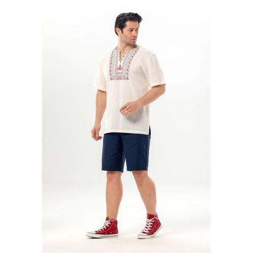 Kısa Kol Şile Bezi Bisiklet Yaka Bahriyeli Erkek Yazlık T-shirt Krem Krm