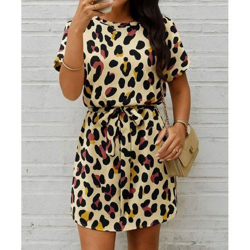 Kadın Kısa Kollu Yuvarlak Yaka Beli Kuşaklı Geometrik Desenli Süprem Elbise