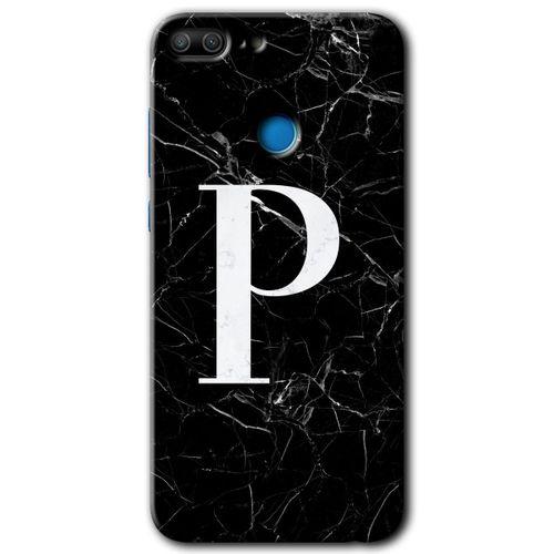 Honor 9 Lite Kılıf HD Desen Baskılı Arka Kapak - Siyah Mermer Desenli P Harfi