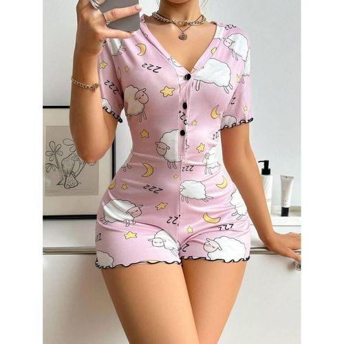 Pamuklu Pembe Kuzu Desenli Düğmeli Uzun Kol Tulum Pijama