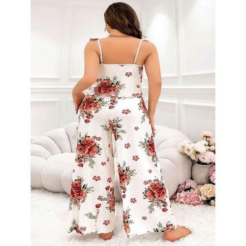 Büyük Beden Gül Desenli İnce Askılı Beyaz Salaş 2'li Takım