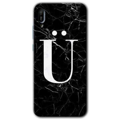 Potkal Hediye Fabrikası Huawei Y6 2019 Kılıf HD Desen Baskılı Arka Kapak - Siyah Mermer Desenli Ü Harfi