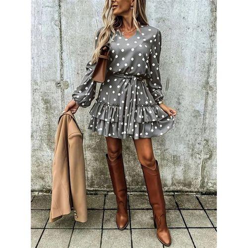 Kadın Uzun Kollu V Yakalı Belden Kuşaklı Puantiyeli Mini Modal Elbise