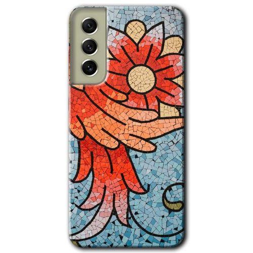MRCİLETİSİM Samsung Galaxy S21 FE Kılıf Baskılı Kapak - Mozaik Çiçek + 5D Tam Kaplayan Cam