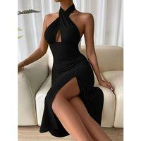 Kadın Sırt Dekolteli Boyun çapraz Yakalı Yırtmaç Detay Midi Sandy Elbise