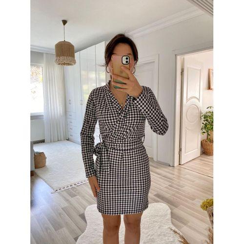 Kadın Uzun Kollu Kruvaze Yaka Bağlamalı Kemer Dalgıç Mini Boy Elbise