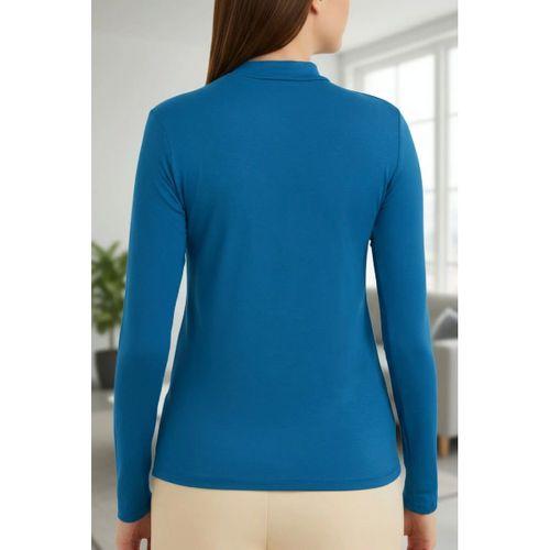 Kadın Mavi Parmak Geçmeli Uzun Kollu Body Esnek Fit Bluz