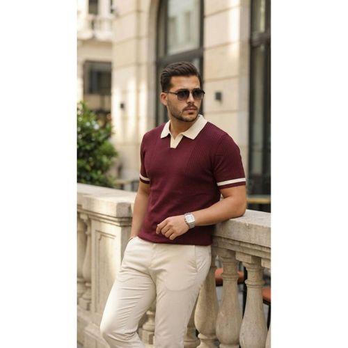 Erkek Renkli Yakalı File Desenli Kısa Kollu Tişört