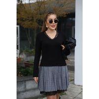 Kadın Uzun Kollu Denteli Yaka Ekose Etek Detay Diz üstü Elbise