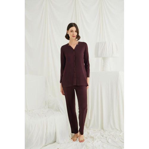 Uzun Kollu Boydan Düğmeli V Yaka Pijama Takımı