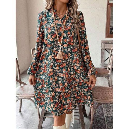 Kadın Uzun Kollu V Yakalı Desenli Modal Mini Elbise