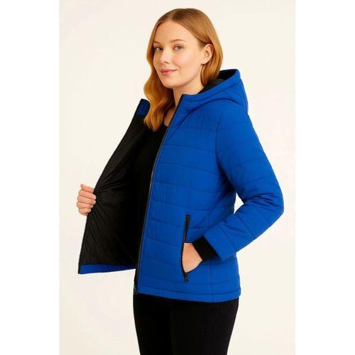 Şişme Kapüşonlu Fermuarlı Mont Su Itici Kapitone Astarlı Kumaş Cepli Kışlık Rahat Kalıp - Saks Mavisi