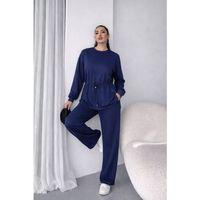 Kadın Uzun Kollu Bisiklet Yaka Belden Büzgülü Bağcıklı Viskon Iki Iplik Bluz Ve Pantolon Ikili Takım