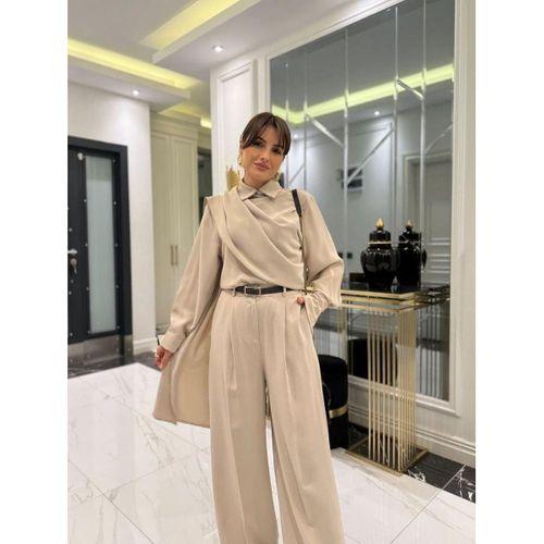 Kadın Uzun Kollu şal Detaylı Bluz Ve Pantolon Kemer Dahil Ikili Takım